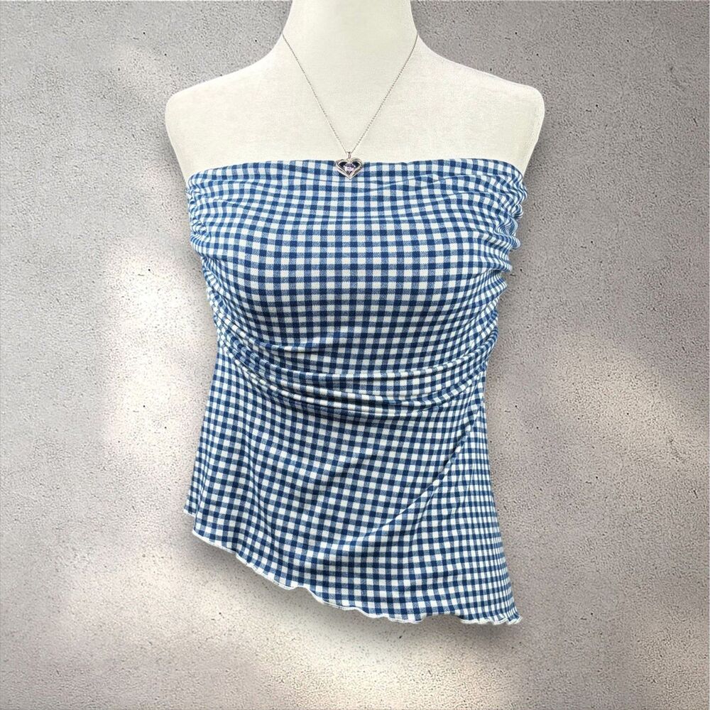 Y2K Style Tree Gingham Tube Top Women's M Blue Plaid Asymmetrical Summer Boho